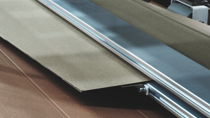 Folded cardboard box templates are lined up on the conveyor of an automated industrial packaging machine, ready to be opened and filled with food products.
