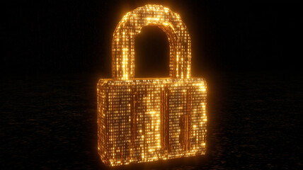A glowing digital padlock illustrating cybersecurity protection encrypted data and information security concepts.
