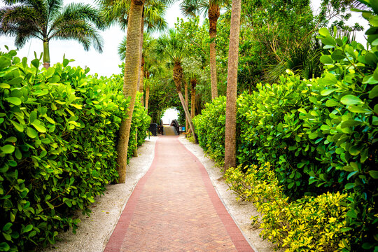 Marco Island of Southwest Florida path wooden boardwalk to beach access with benches and bike rack parking