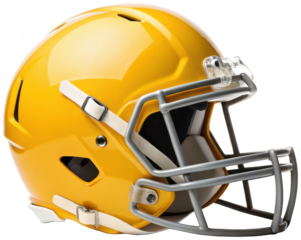 A vibrant, glossy yellow American football helmet constructed from durable polycarbonate plastic with padded interior and a metallic silver face mask, is, isolated on transparent background.