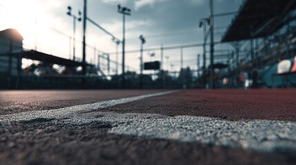 Close-up of a sports court with painted lines and surrounding fencing under a cloudy sky