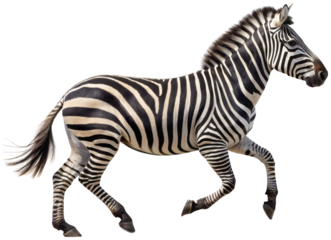 Striking, powerfully built African zebra with distinctive black and white striped coat, captured in a dynamic walking pose with a slightly raised head, presented, isolated on transparent background.