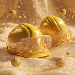 floating yellow industrial safety helmets and transparent industrial protective goggles arranged like decorative ornaments, spheres floating 