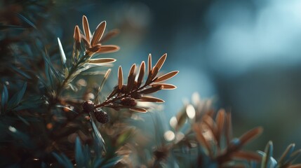 Close-up of pine tree branches with sunlight filtering through lush green needles in a serene