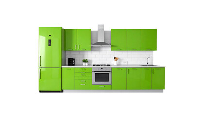 modern green kitchen with red stove isolated on white