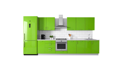 modern green kitchen with red stove isolated on white