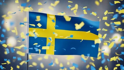 Sweden flag waving with falling confetti. National holiday celebration, Independence Day, Sweden travel concept.