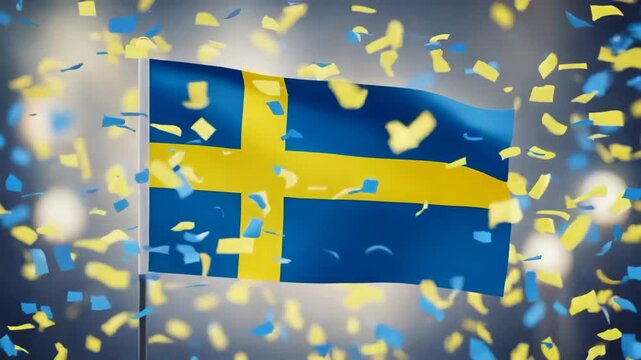 Sweden flag waving with falling confetti. National holiday celebration, Independence Day, Sweden travel concept. - Powered by Adobe