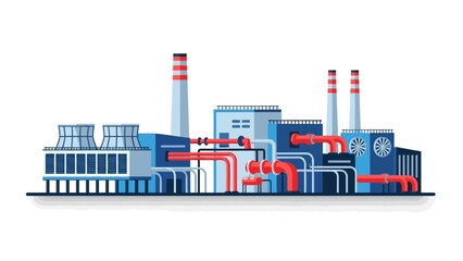 Obraz premium Industrial factory with multiple buildings, chimneys, cooling towers, pipes, and a ventilation system, depicting a large-scale production facility