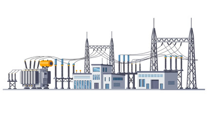 Industrial power substation with electrical grid infrastructure and transmission towers, representing energy distribution and a modern power plant facility