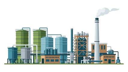 Obraz premium Industrial complex with storage tanks and smokestacks emitting smoke, a modern factory illustration