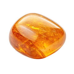 Translucent, polished amber gemstone with internal inclusions and swirling patterns, exhibiting a warm honey-brown hue, is presented at a slight angle to, isolated on transparent background.