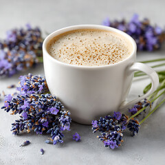 Creamy Lavender Latte Coffee in White Ceramic Cup Surrounded by Fresh Purple Lavender Flowers for Cafe Menu and Lifestyle