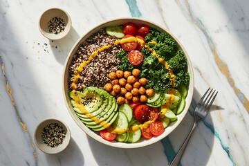 Top down view of a colorful Buddha bowl with avocado, quinoa, kale, and chickpeas, bright marble countertop, natural morning light, high resolution, professional food photography, commercial style