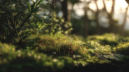 Enchanting glimpse of a verdant woodland floor bathed in gentle sunlight