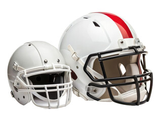Fototapeta premium Sleek, modern American football helmets constructed from durable polycarbonate plastic with a glossy white finish and a bold red stripe, are dynamically, isolated on transparent background.