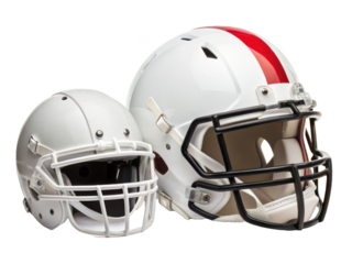Sleek, modern American football helmets constructed from durable polycarbonate plastic with a glossy white finish and a bold red stripe, are dynamically, isolated on transparent background.