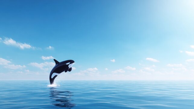 Orca whale leaps from ocean surface under a clear blue sky.