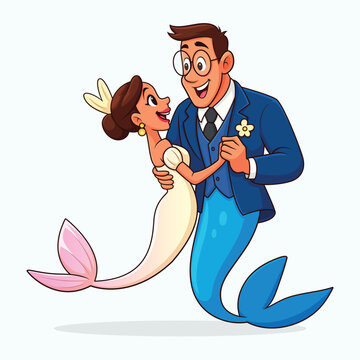 Fantasy Mermaid Wedding Illustration, Romantic Cartoon Couple