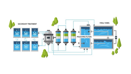 Obraz premium Illustration of a water treatment plant process with secondary treatment, polishing filters, and final tanks