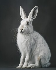 Fototapeta premium Image of professional studio photograph of arctic hare sitting calmly snowy fur brilliance flawless detail stylish minimal wildlife capture plain neutral background raw DSLR photo natural daylight