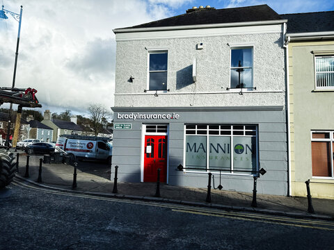 Street view of Brady Insurance and Mannion Insurance office in Ireland with a red door