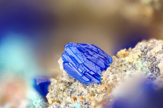Azurite crystals. Specimen from Valcroze, Le Vigan, France. Micro photography extreme close-up. microscope mineral crystal photography for Scientific use.