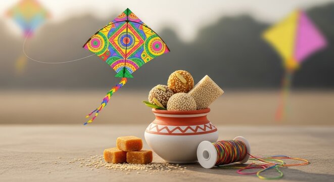 Colorful kites fly high, traditional sesame sweets fill an earthen pot, golden jaggery pieces, and a vibrant thread spool mark an Indian harvest festival.
