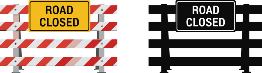 Yellow and black road closed barricade with red white striped barriers traffic control