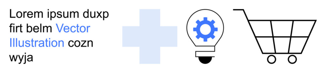 Obraz premium Technology, ecommerce, innovation, productivity, idea development, online shopping. Lightbulb with gear, plus sign shopping cart. Ecommerce and innovation concepts