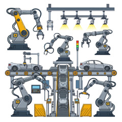 Automated Car Assembly Line with Robotic Arms and Conveyor Belts.