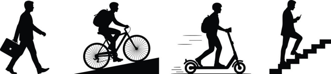 Obraz premium Silhouettes of people commuting by foot bicycle scooter and stairs