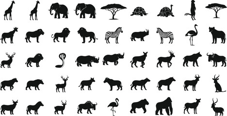 african, animal, silhouette, icon, set, wildlife, safari, collection, black, animals, zoo, nature, mammal, bird, vector, illustration, isolated, design, symbols, pack