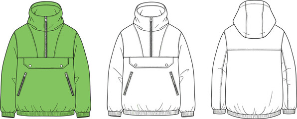 Green and white anorak jacket flat front and back views outerwear clothing fashion © Riyaj Vector Valley