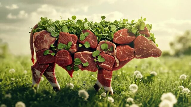 Pile of steaks in the shape of a pig on a grass field.