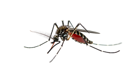Close-up macro of a striped mosquito with a blood-filled abdomen, isolated on black