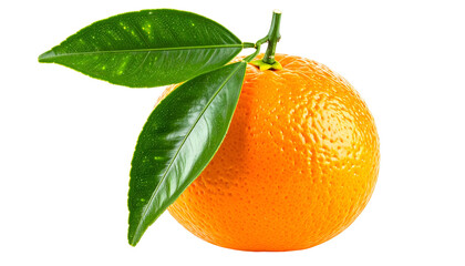 A vibrant orange citrus fruit, still attached to its stem and leafy foliage