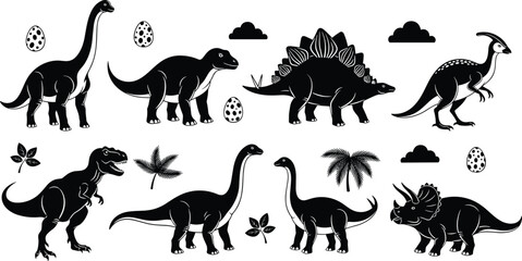 cute, cartoon, dinosaur, silhouettes, prehistoric, animals, eggs, plants, clouds, stegosaurus, triceratops, tyrannosaurus, sauropod, black, white, vector, illustration, kids, education, set © Jisan World
