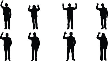 Eight black silhouettes of people waving or with hands raised on white background