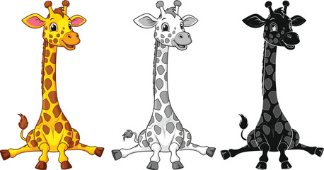 cute, cartoon, giraffe, character, set, colorful, grayscale, black, silhouette, illustration, smiling, animal, mascot, kids, design, vector, art, isolated, white, background