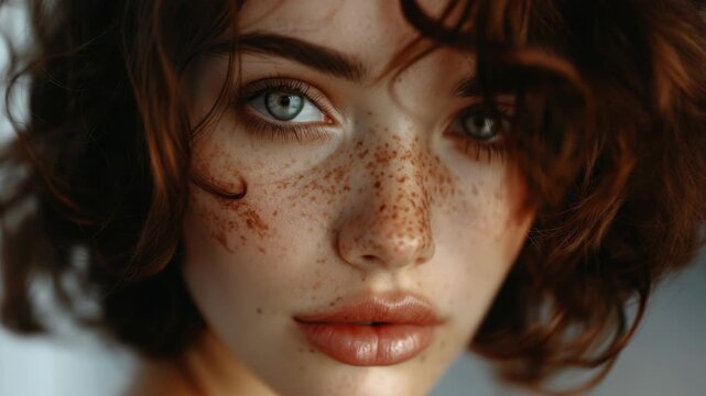 Mid-twenties female looking directly at the camera with subtle makeup, showcasing her fair complexion and distinctive freckles.