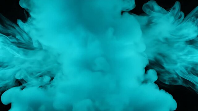 Dynamic plume of vibrant teal smoke creating an abstract and ethereal visual spectacle. Captivating fluid motion against a deep black background, ideal for modern design