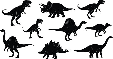 dinosaur, silhouettes, prehistoric, reptiles, tyrannosaurus, triceratops, velociraptor, spinosaurus, stegosaurus, sauropod, black, white © Jisan World