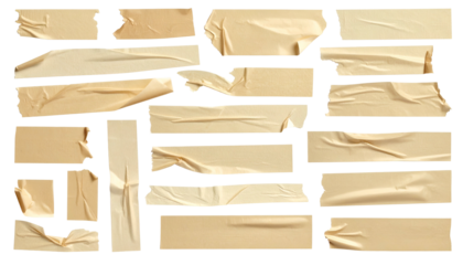 Assortment of beige tape strips, torn and textured, against a black background