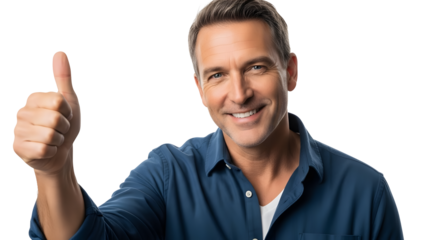 An attractive middle-aged man with gray hair gives a thumbs-up. His expression is of positivity, confidence and a gentle smile