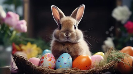 Adorable bunny amidst vibrant Easter eggs, symbolizing joy and celebration.