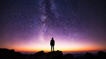 Fototapeta premium Person silhouetted against stunning night sky with galaxy