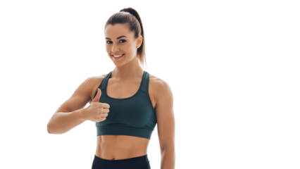 A fit woman, sporting athletic attire, gives a thumbs-up. The woman is smiling, her posture is confident, and she appears in great shape