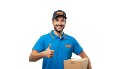 Friendly Delivery Man Holding Package with Thumbs Up
