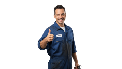 A friendly auto mechanic giving a thumbs-up while holding a wrench, showing confidence and expertise